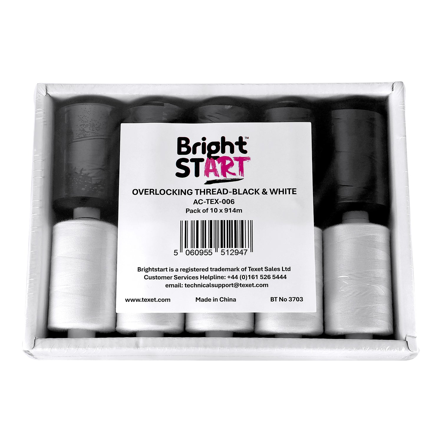 Black and White Overlocking Thread, Pack of 10