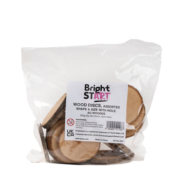 Natural Wood Discs – 250g Pack (With Hole, Assorted Sizes & Shapes)