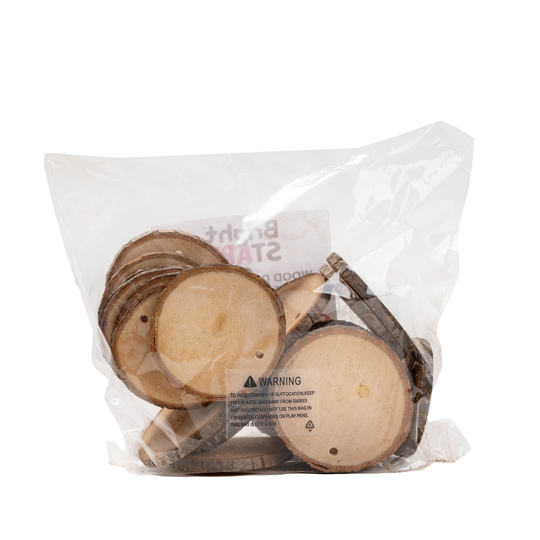 Natural Wood Discs – 250g Pack (With Hole, Assorted Sizes & Shapes)