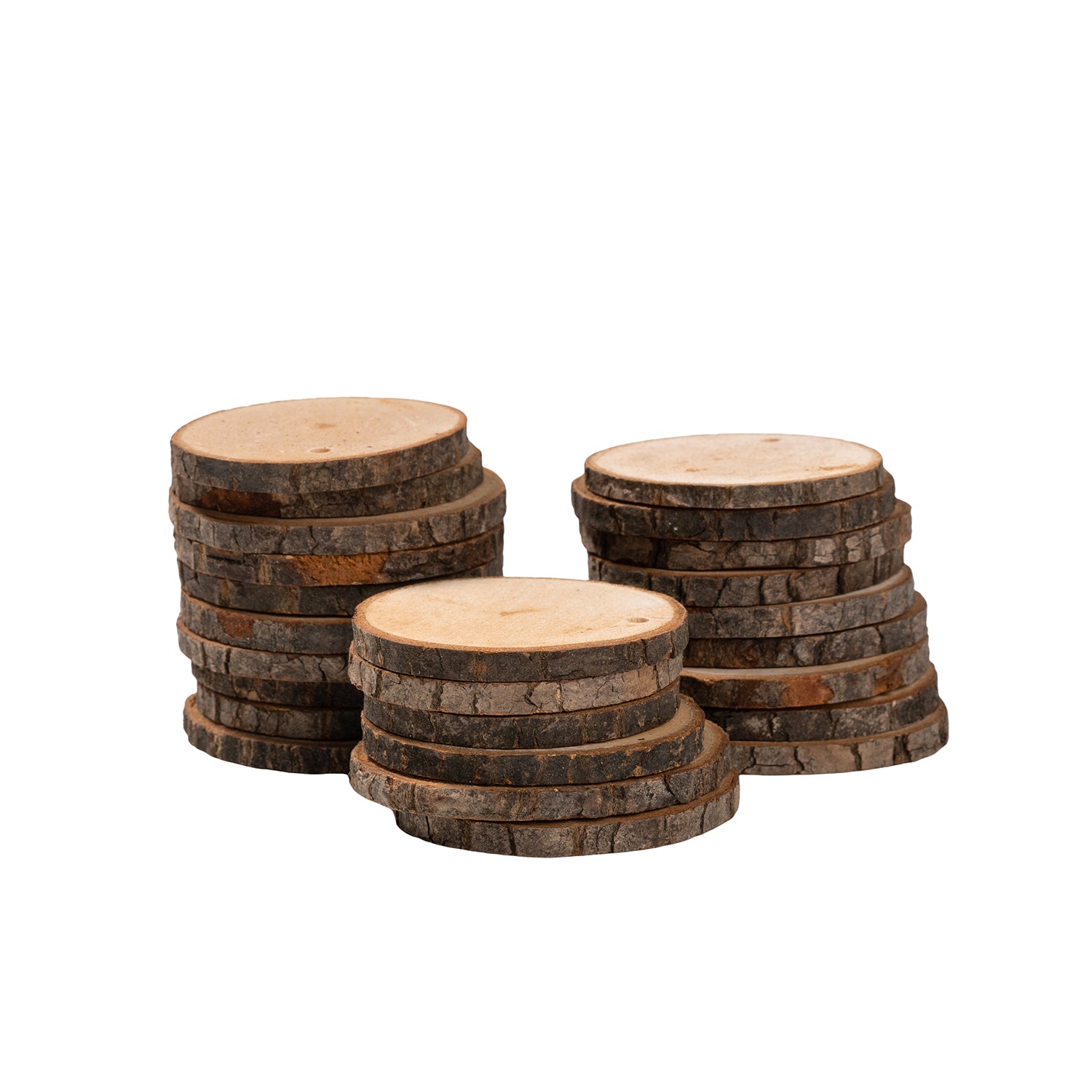 Natural Wood Discs – 250g Pack (With Hole, Assorted Sizes & Shapes)