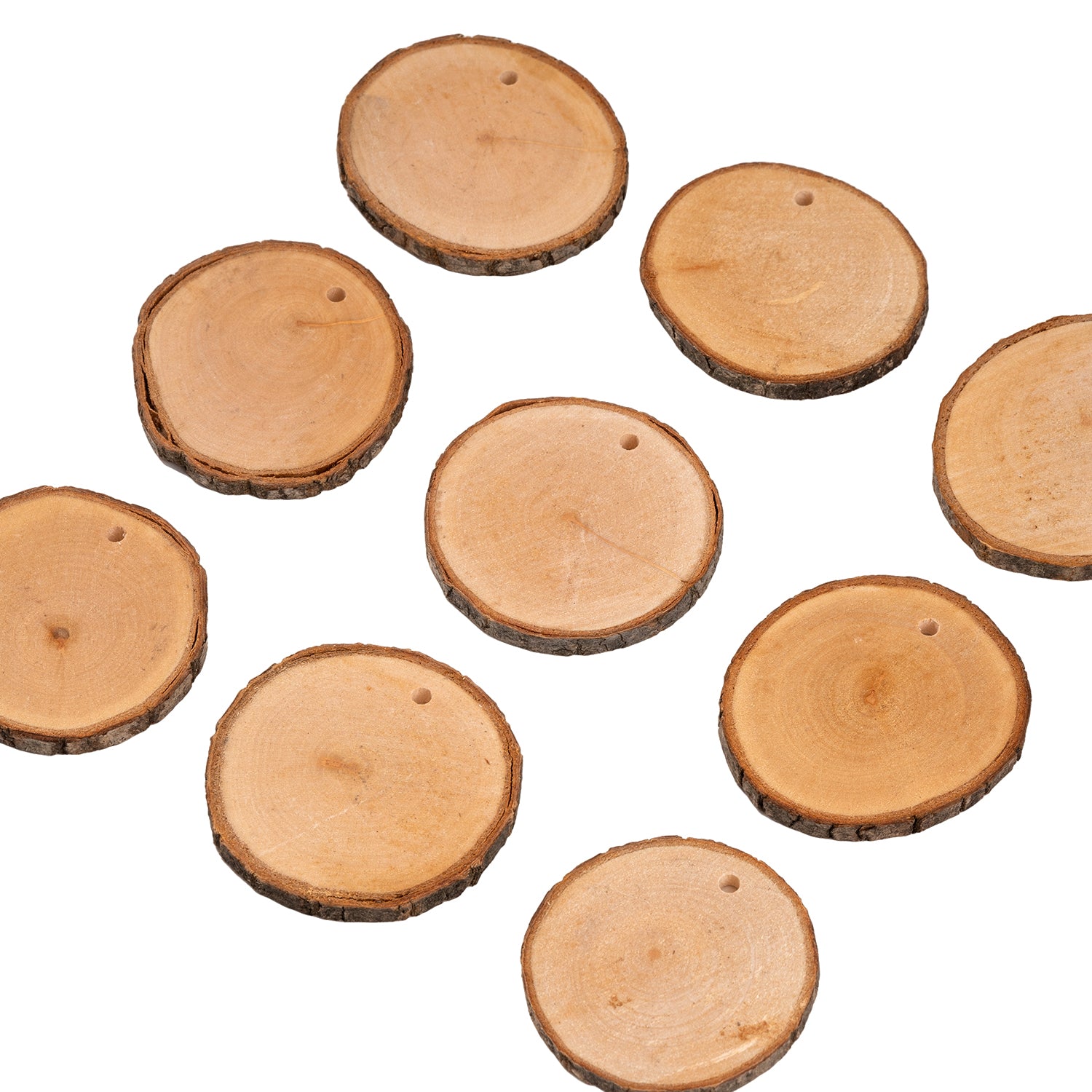 Natural Wood Discs – 250g Pack (With Hole, Assorted Sizes & Shapes)