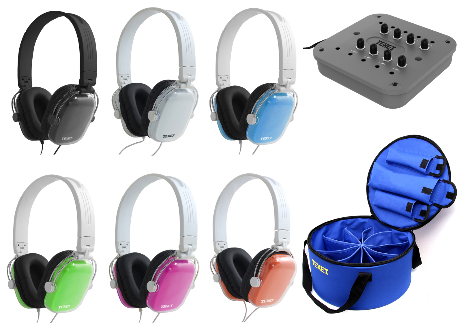 6 Colour Headphones Class Pack with Junction Box and Nylon Carry Case
