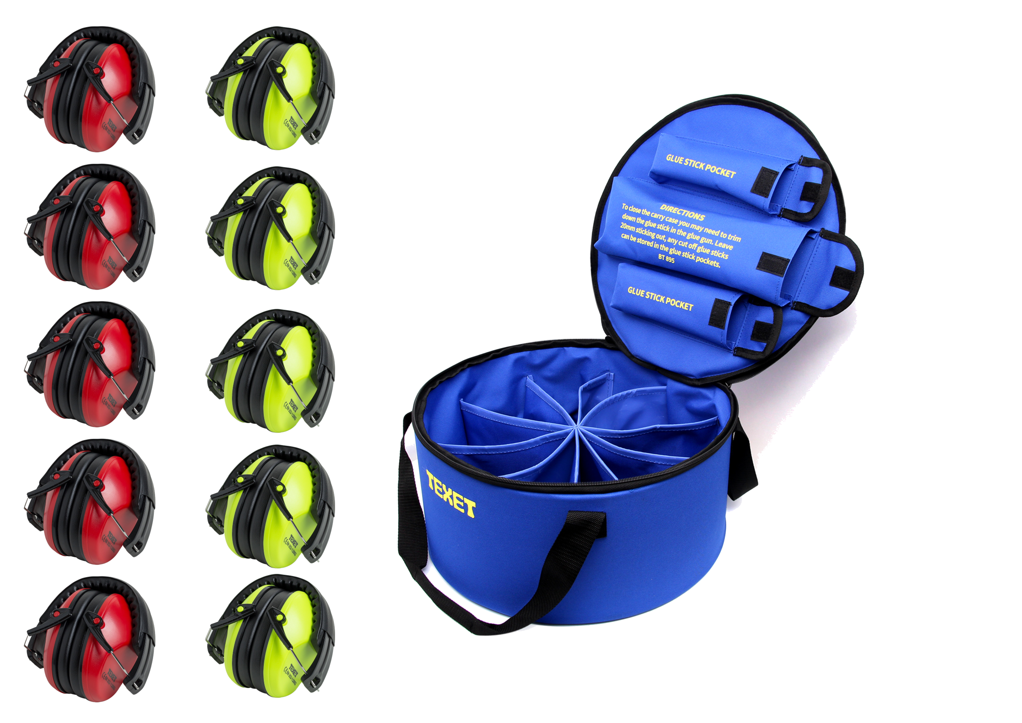 Children Ear Defenders Red and Yellow, Class Pack of 10 with Nylon Carry Case