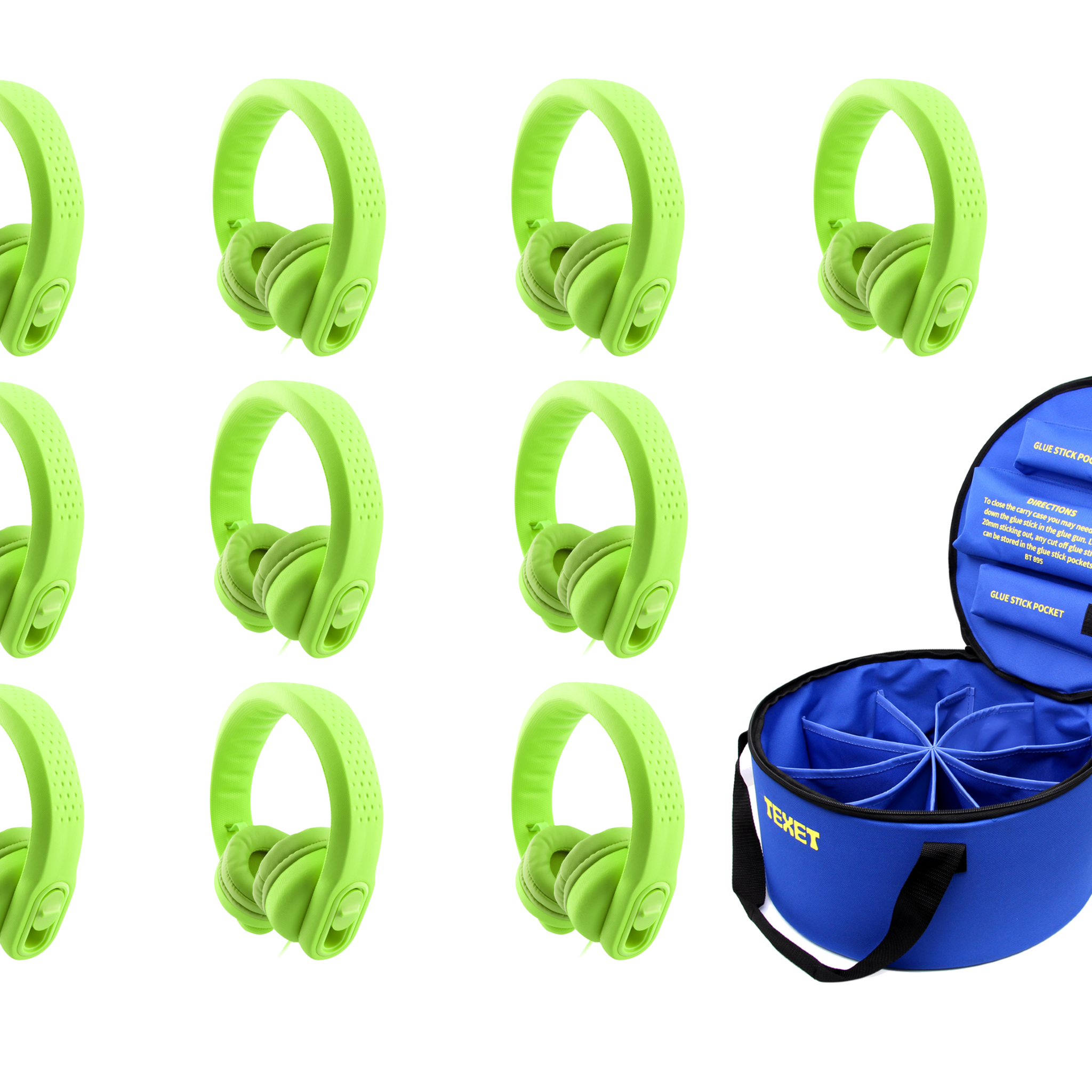 Wired Flexible Headphone for Children, Class Pack of 10 with Nylon Carry Case