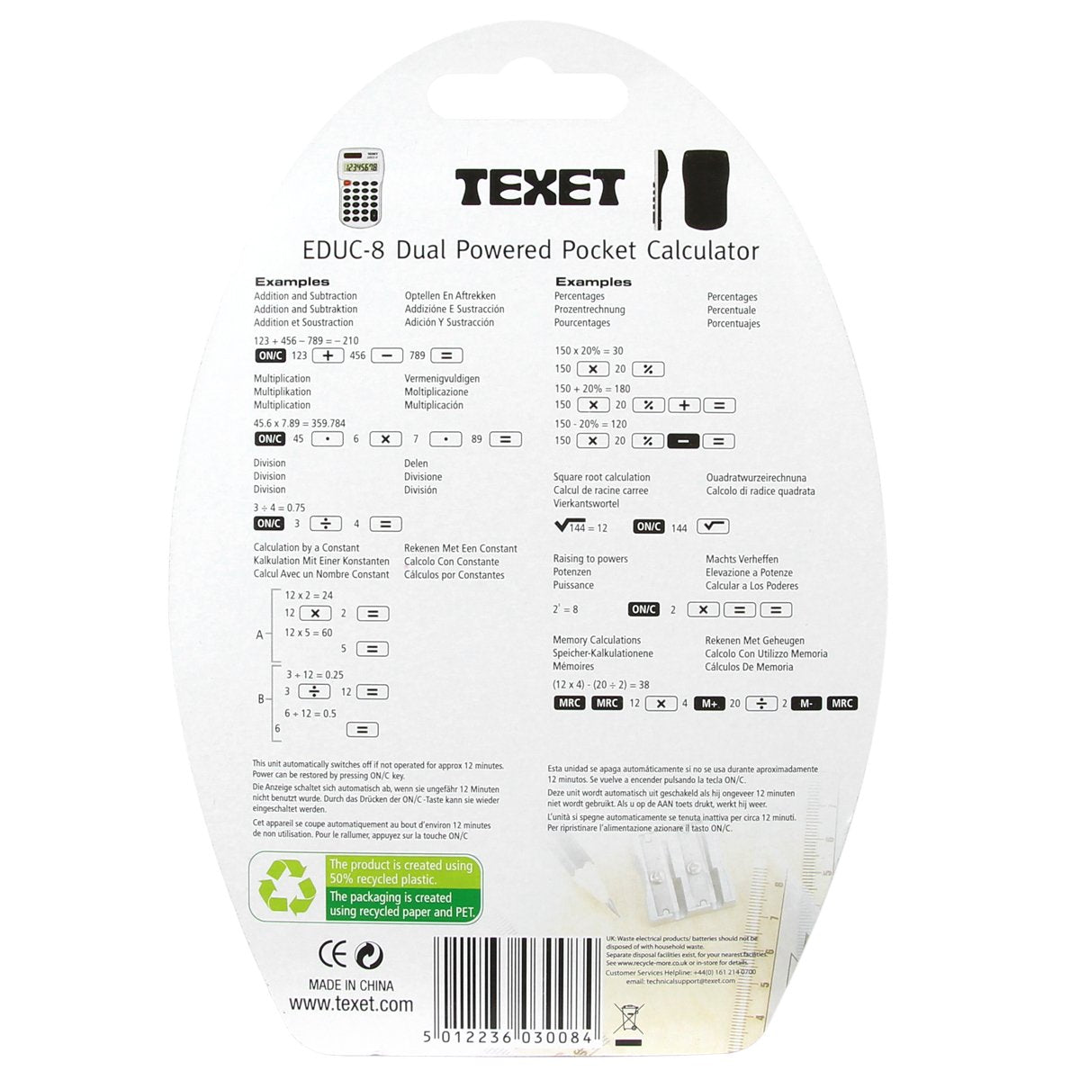 EDUC-8CC Large 8 Digit Dual Powered Pocket Calculator Class Pack, Pack of 30