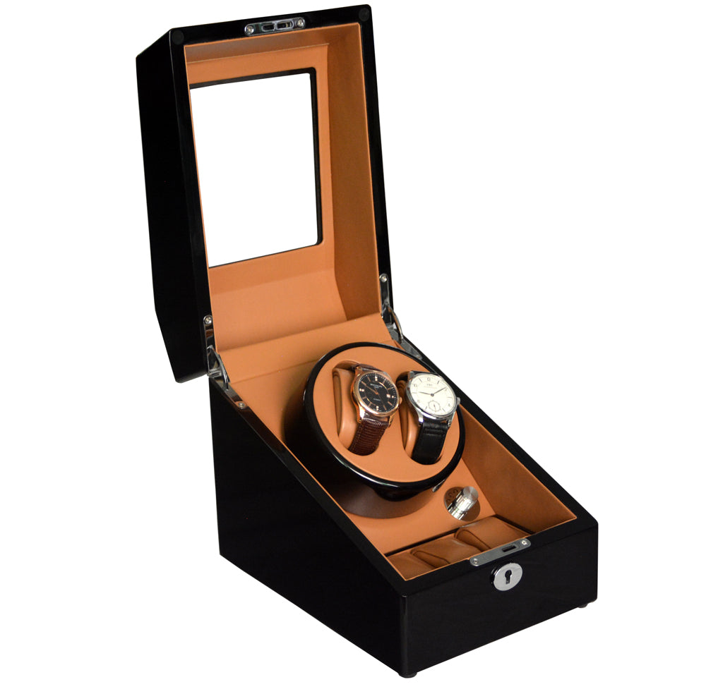 High Gloss Black Dual Watch with Storage, Camel Interior